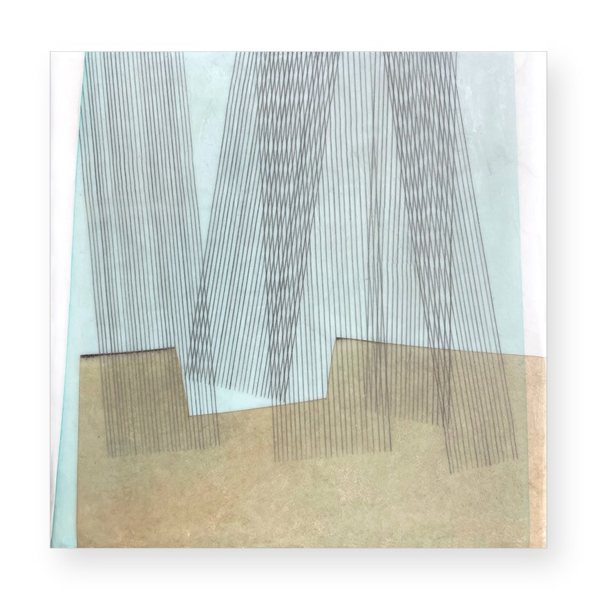  Filter 102, 2025 (sold) 8 × 8 inches Mulberry paper, watercolor, Akua intaglio ink, wax on panel  All art is a response to something — an object, a memory, scent, even weather — seen through the artist’s own filter. Swatches of texture, color and tr