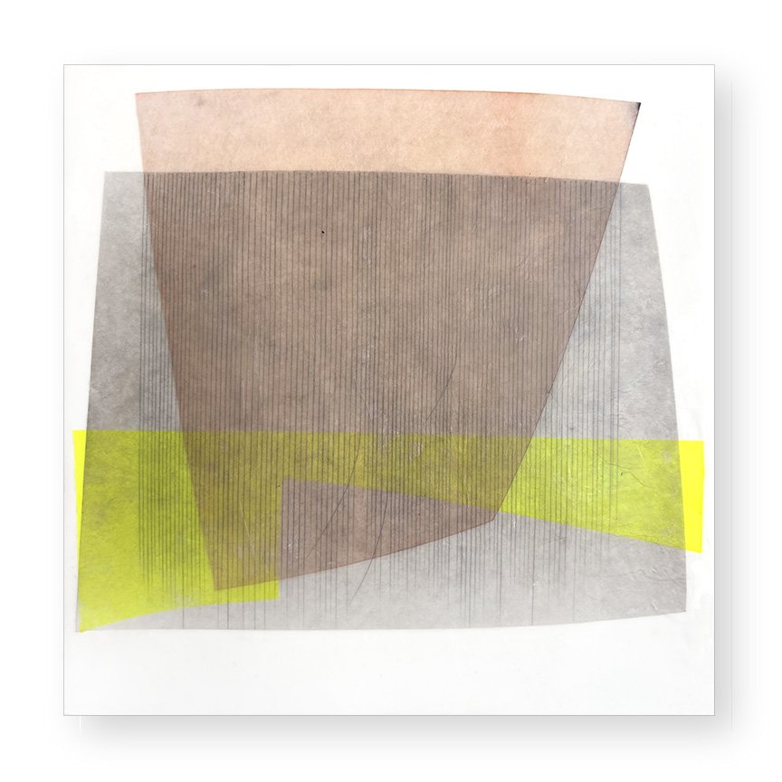  Filter 69, 2026 (sold) 8 × 8 inches Mulberry paper, watercolor, Akua intaglio ink, wax on panel  All art is a response to something — an object, a memory, scent, even weather — seen through the artist’s own filter. Swatches of texture, color and tra