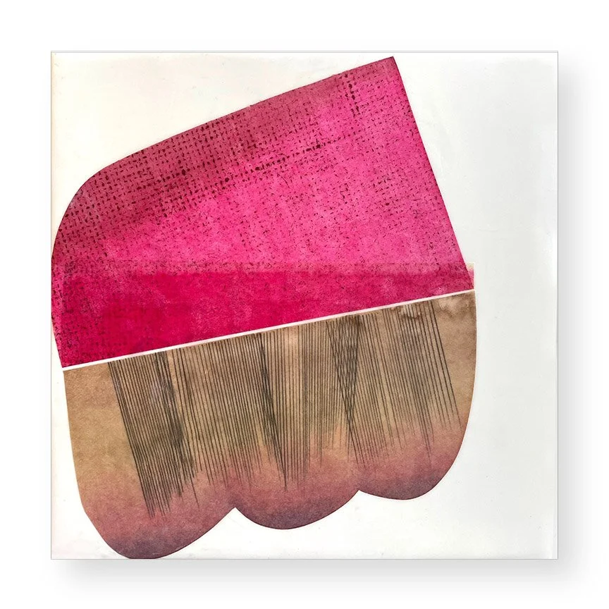  Filter 97, 2025 (sold) 8 × 8 inches Mulberry paper, watercolor, Akua intaglio ink, wax on panel  All art is a response to something — an object, a memory, scent, even weather — seen through the artist’s own filter. Swatches of texture, color and tra
