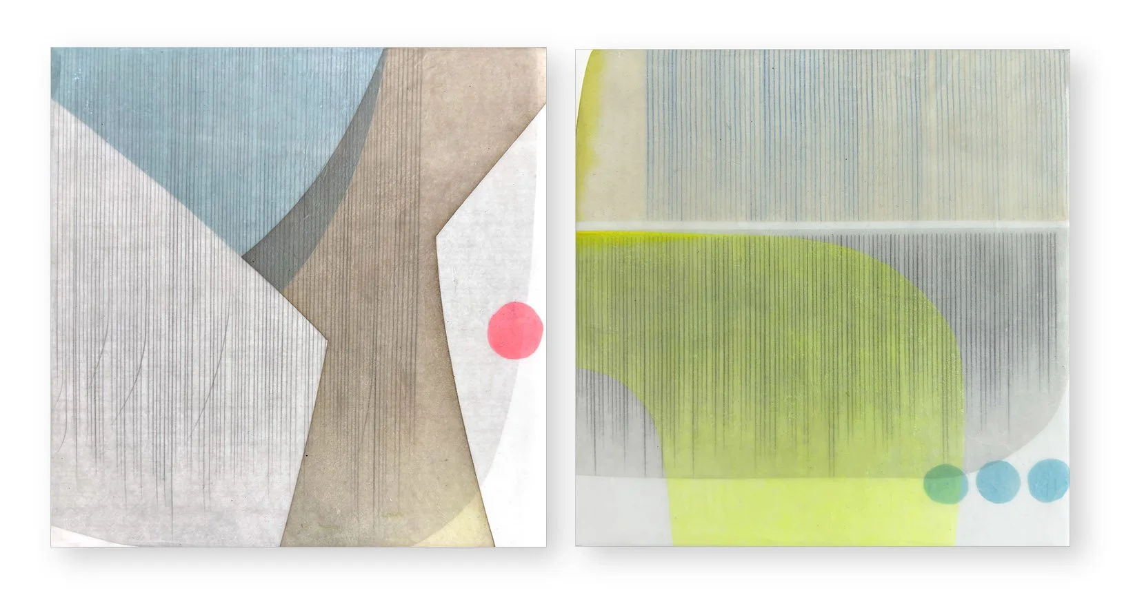  Summer Filter, 2026  6 × 6 inches each Mulberry paper, watercolor, Akua intaglio ink, wax on panel  All art is a response to something — an object, a memory, scent, even weather — seen through the artist’s own filter. Swatches of texture, color and 