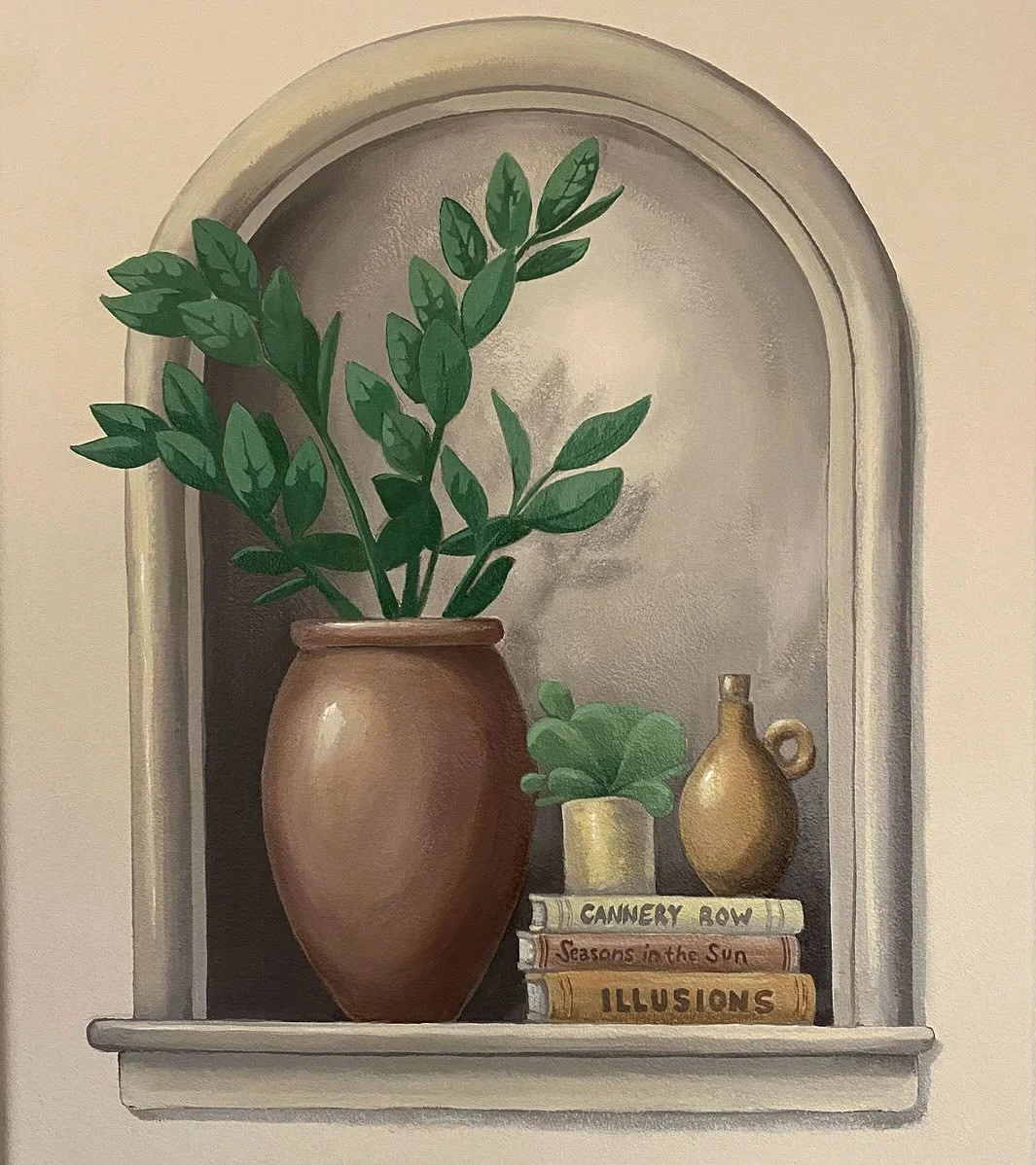 Trompe l&rsquo;oeil for a wonderful client. The home has a short wall between the kitchen and living room that is high traffic causing people to run into or knock down anything hung or against the wall in that spot. Trompe l&rsquo;oeil is French term