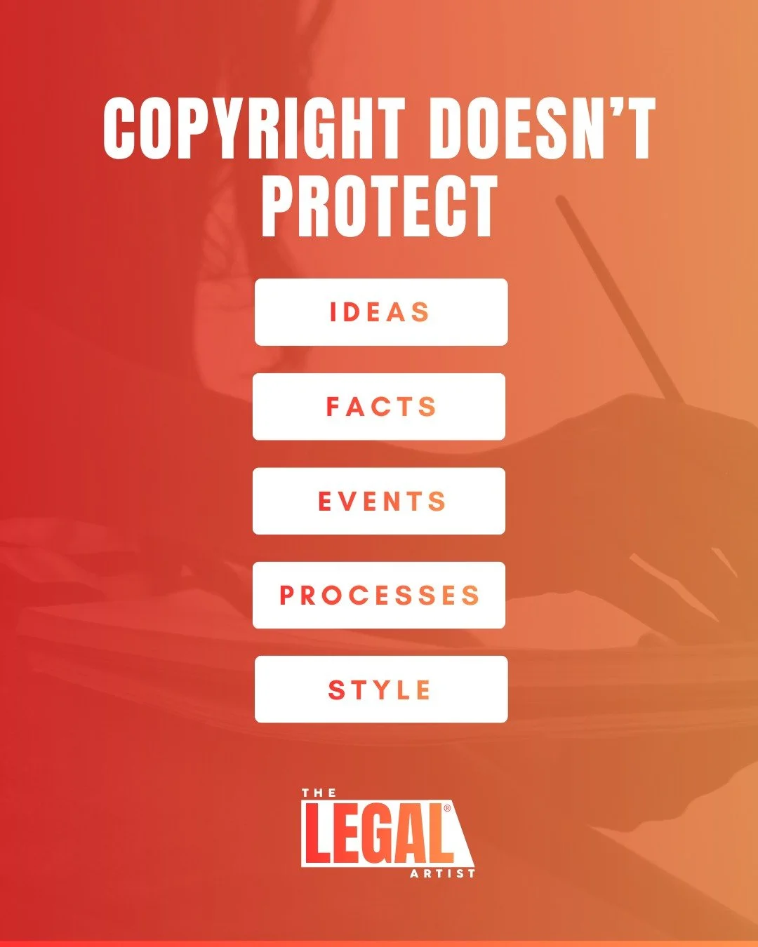 Copyright is the foundational piece of any creative practice and it covers a wide variety of things, but there are some things it doesn't cover. Here's a short but handy guide. 

#copyright #intellectualproperty #thelegalartist