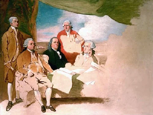 Painting of the American negotiators at the Treaty of Paris, by Benjamin West. The British delegates refused to sit for the portrait (Image courtesy Wikimedia Commons)