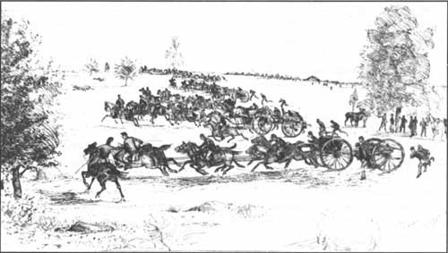 Sketch of the 9th Massachusetts Battery moving into position on the Plum Run Line (Library of Congress)