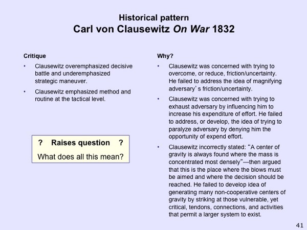 Slide from John R. Boyd’s “Patterns of Conflict” Briefing to Accompany the Video Excerpt Above: “Clausewitz Critique”