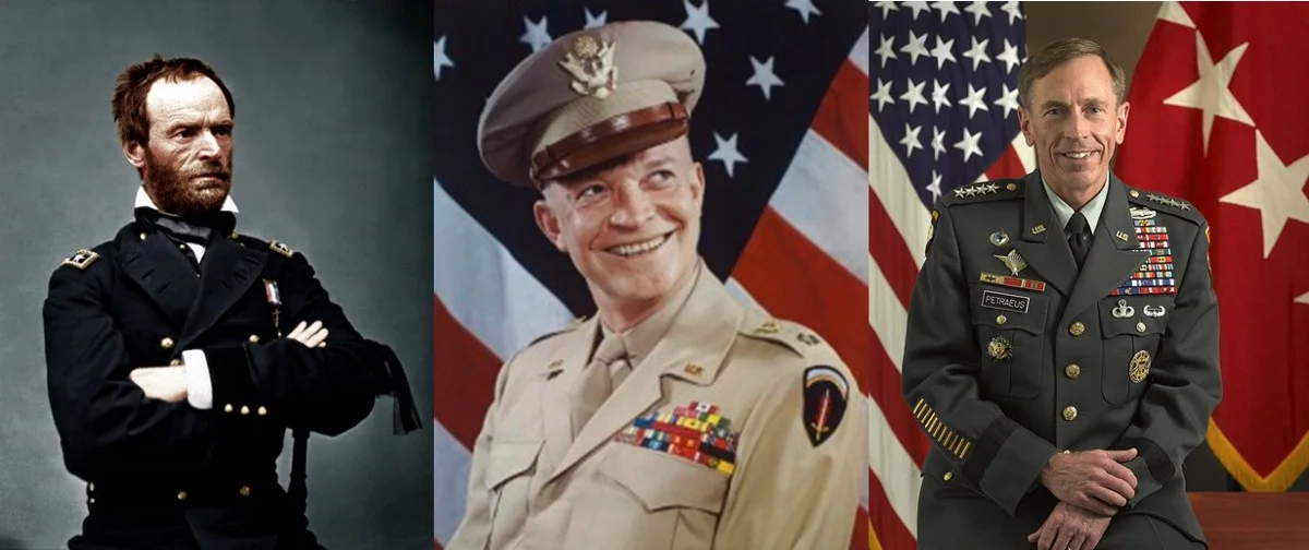 “General William Tecumseh Sherman, 1865” by Mathew Brady (1823–1896) — recolored by COLORIZEDHISTORY // Harry Warnecke’s victory portrait of Dwight Eisenhower, right after the end of World War II. © 2012 Daily News, LP. // “ GEN Petraeus Aug 2011 Photo ” by Monica A. King; DoD photographer — US Military.