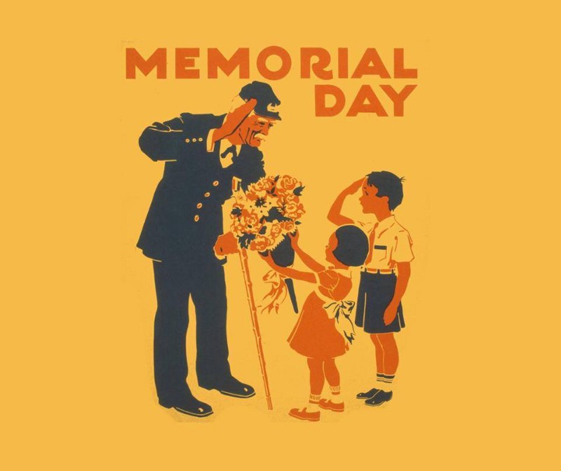 An aging Civil War veteran accepts a bouquet of flowers from children in this 1930s poster