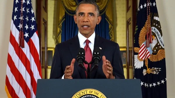 President Barack Obama addresses the nation from the Cross Hall in the White House in Washington. (AP Photo)