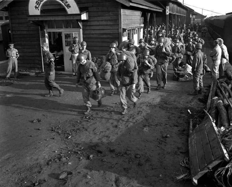 Task Force Smith arrives at a train station in Daejeon, South Korea (Wikimedia Commons