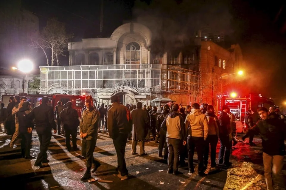 The Saudi Embassy in Tehran after protesters set it on fire, Jan. 2, 2016. ( Mehdi Ghasemi, Reuters)