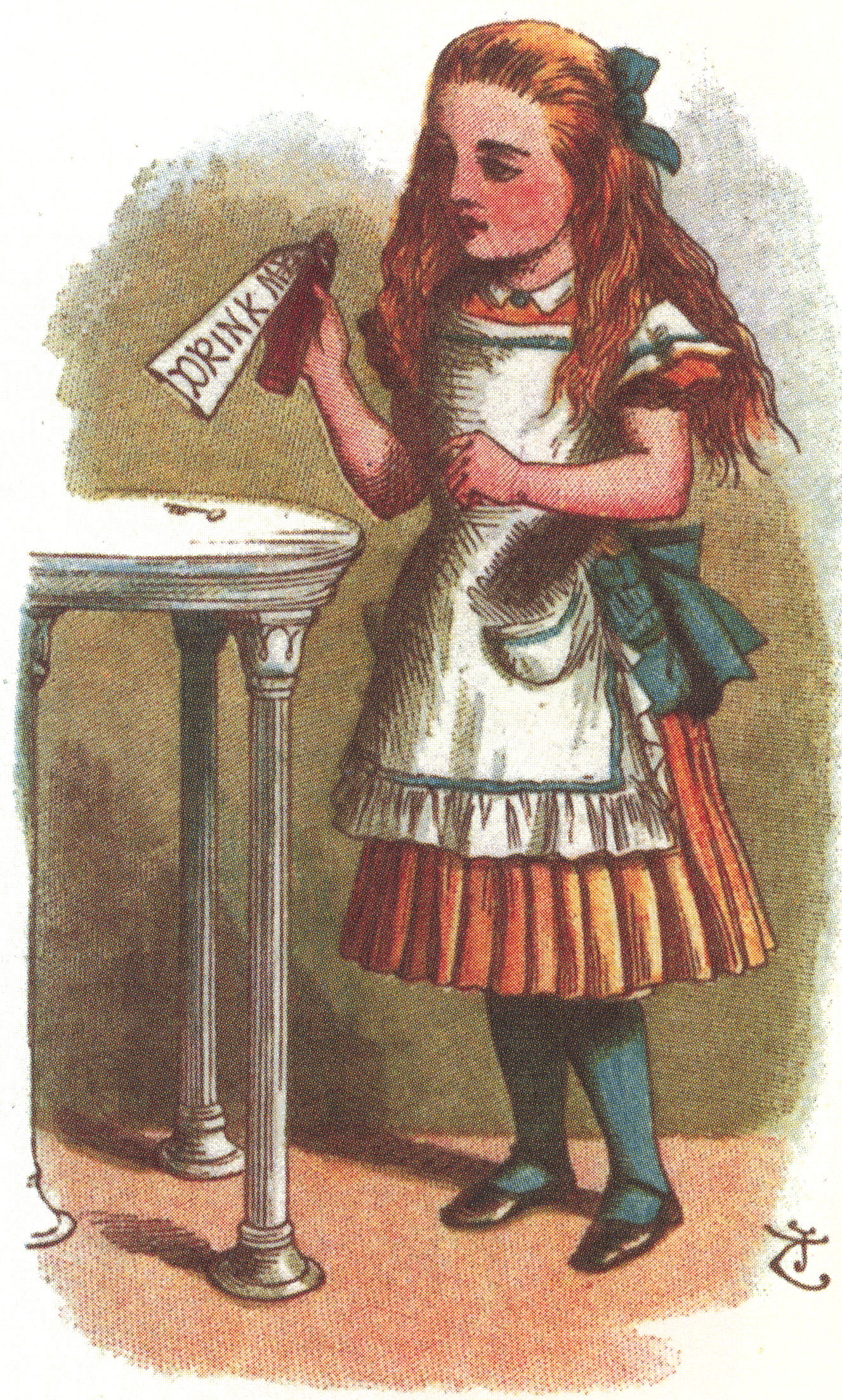 Alice and a bottle labeled, "Drink Me," John Tenniel, from The Nursery Alice.