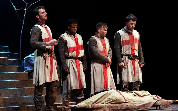 (left to right) Arthur McBain as an English Soldier, Toyin Omari Kinch as Eric the Archer, Tom Gill as Boy Soldier, and George Brockbanks as a Sergeant/Scottish Lord | Photo by KPO Photo