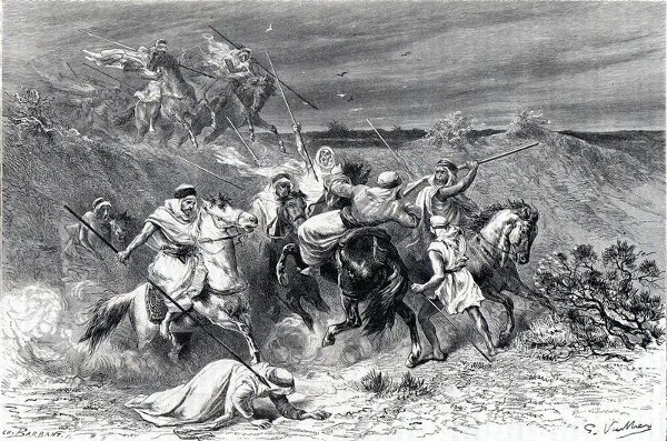 Antique print of a Ghazu , or Arabic traditional raid.