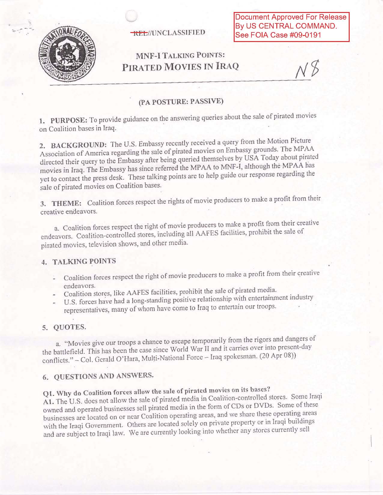Talking Points on Pirated Movies in Iraq via Unredacted and George Washington University