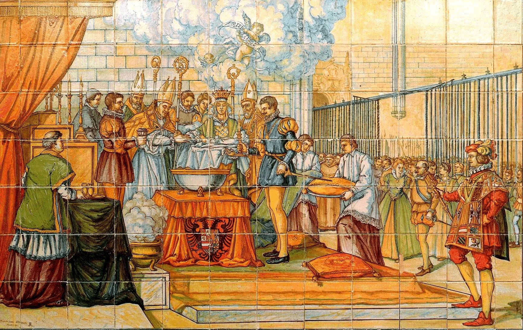 "The Baptism of Phillip II" in Valladolid, Spain. Historical ceiling preserved in Palacio de Pimentel. (Public Domain)