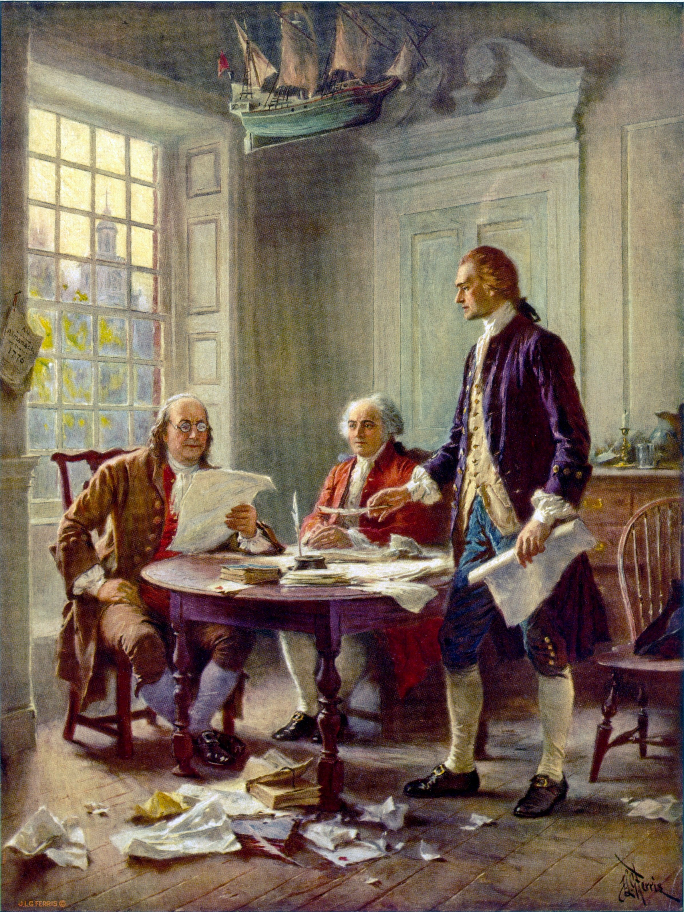 This idealized depiction of (left to right) Franklin, Adams, and Jefferson working on the Declaration was widely reprinted. (Wikimedia)