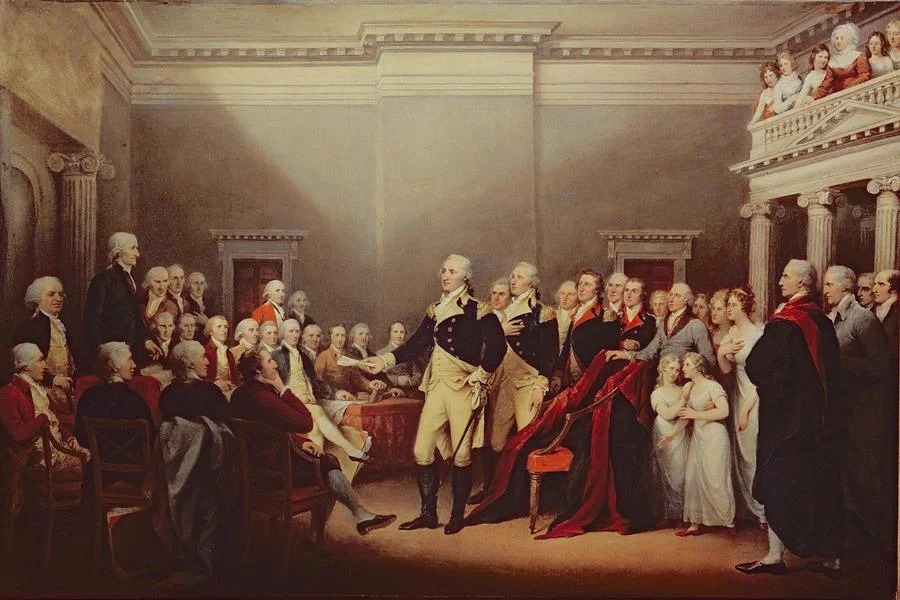 General George Washington Resigning His Commission, John Trumbull. General George Washington resigned his commission as Commander-in-Chief of the Army to the Congress, which was then meeting at the Maryland State House in Annapolis, on December 23, 1783. This action was of great significance in establishing civilian, rather than military rule, leading to a republic, rather than a dictatorship. (Public Domain)
