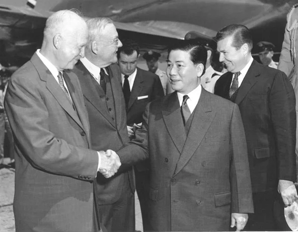 President Dwight D. Eisenhower welcomes President Ngo Dinh Diem to the United States in May 1957. During his visit Diem addressed a joint session of Congress and got a ticker tape parade in New York City. Eisenhower called Diem the "miracle man of Asia." Photo courtesy of The National Security Archive .