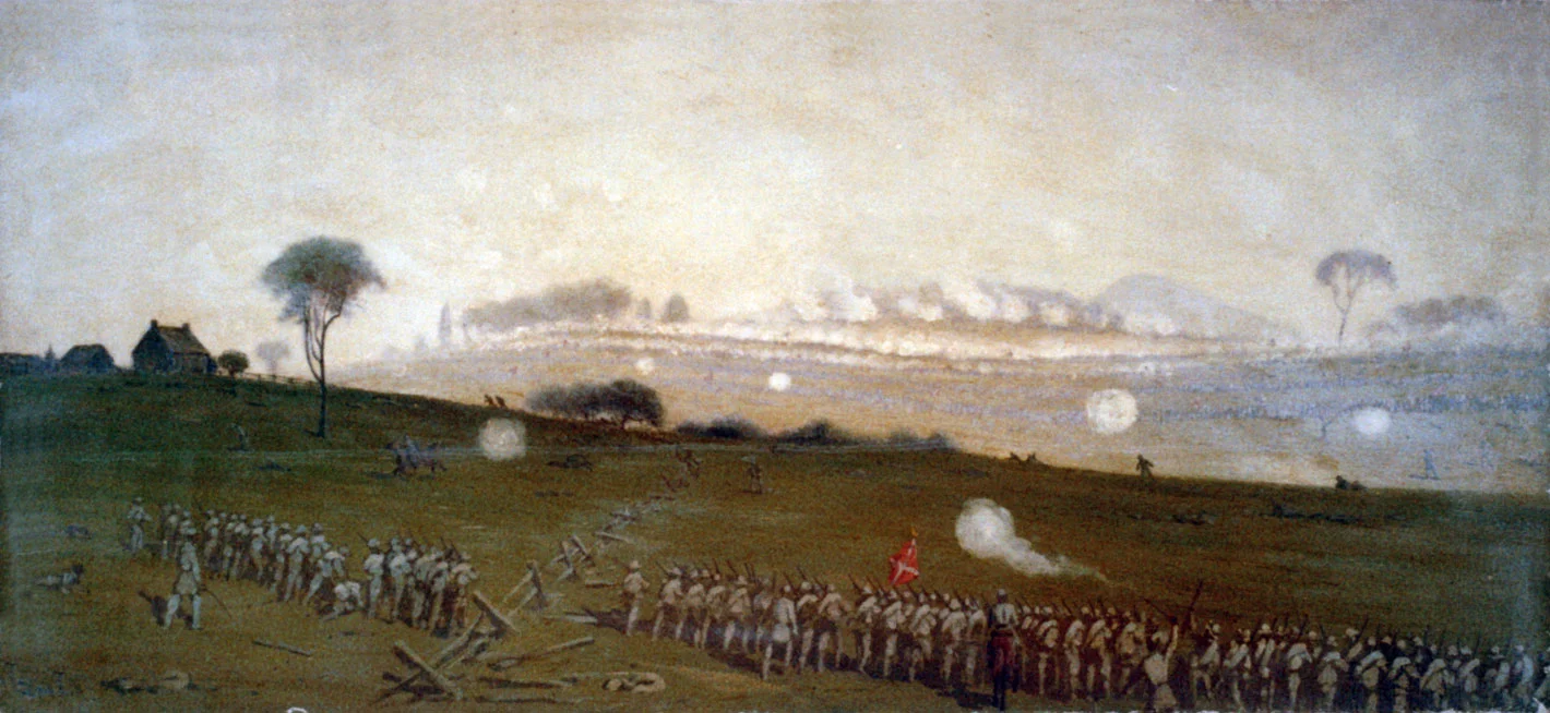 Picketts charge from a position on the Confederate line looking toward the Union lines, Zieglers grove on the left, clump of trees on right by Edwin Forbes