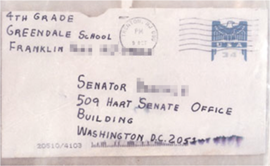 Envelope connected with the 2001 anthrax attacks, and intended for Senator Tom Daschle, contained anthrax spores. (Wikimedia Commons)