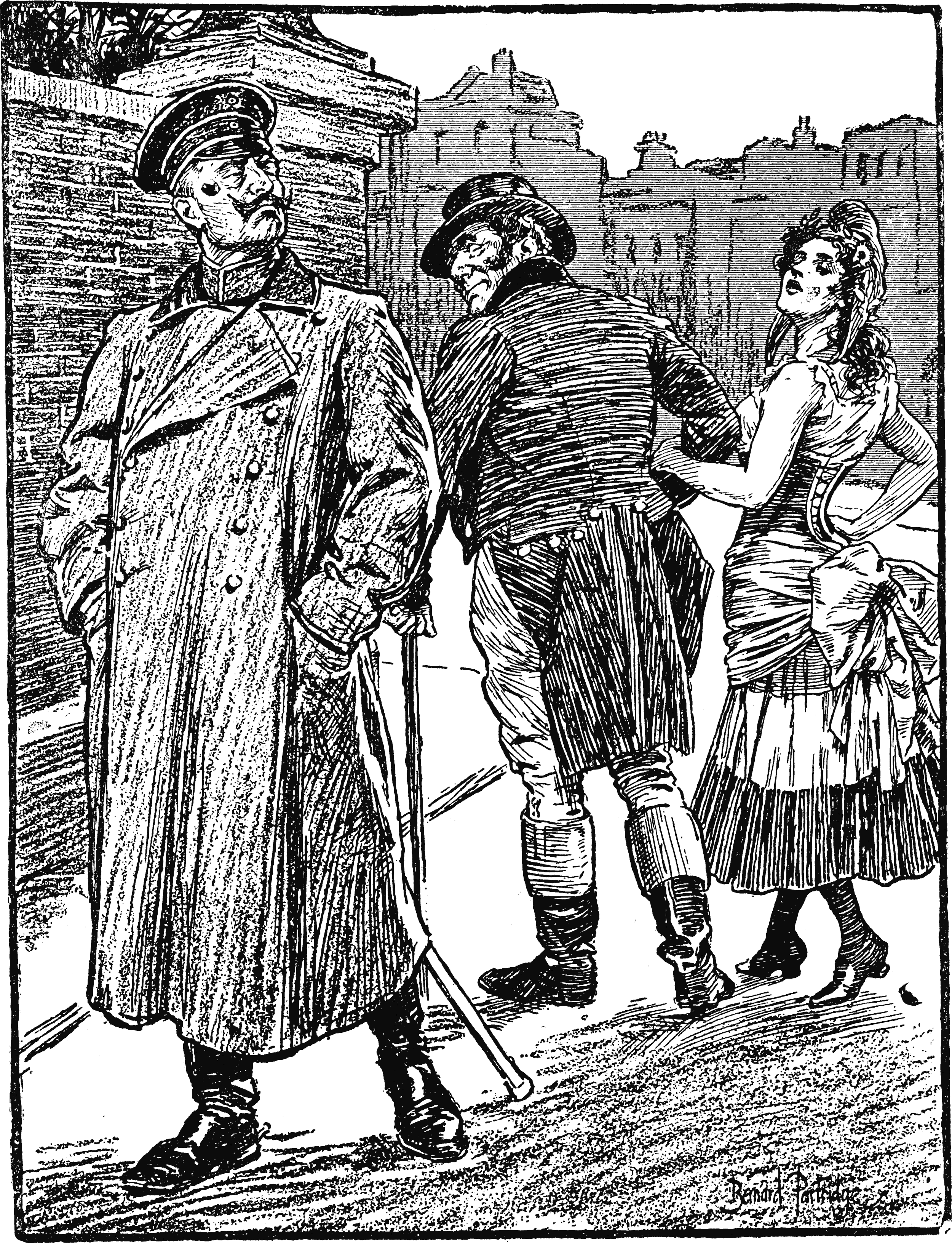 A Punch cartoon by John Bernard Partridge depicting the rather sour German point of view on the British-French "Entente Cordiale" of 1904 — John Bull walks off with the trollop France (in her scandalously short tricolor skirt, whose red and blue colors are indicated by the conventions of heraldic "hatching"), while Germany pretends not to care. ( Wikimedia )