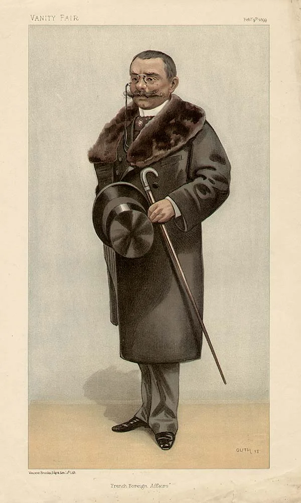 Caricature of Théophile Delcassé . Caption read " French Foreign Affairs ". Accompanying biographical note in Vanity Fair read "He is now something like the biggest man in France. He did not achieve Fashoda, but he dealt with that little matter so diplomatically that he retains his Portfolio in M. Dupuy's Ministry. For he is a very clever fellow, even among Frenchmen; who can look very firm even after he has decided to yield the inevitable. He is practically the inventor of the French Colonial Department.... With all his pugnacity, or because of it, he likes music. He is an habitué of the opera." ( Wikimedia )