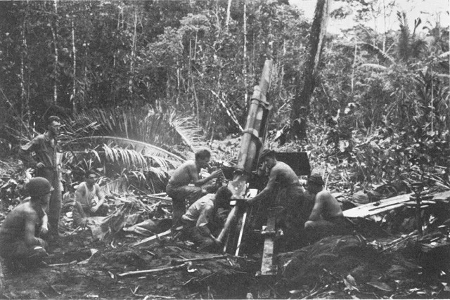 A battery of the 152nd Field Artillery Battalion providing direct support on New Georgia (Source: National Archives)