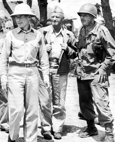 Admiral Raymond Spruance, Admiral Chester Nimitz, and Lieutenant General Simon Buckner