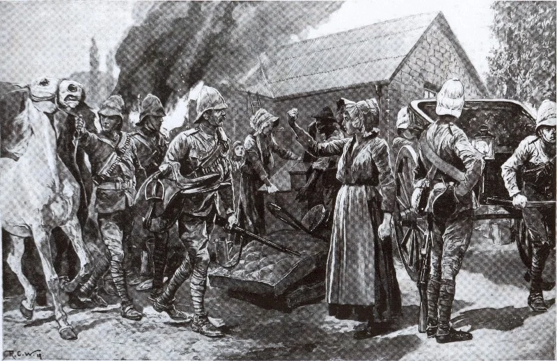 British troops burn Boer officers house. (Painting by Richard Caton)