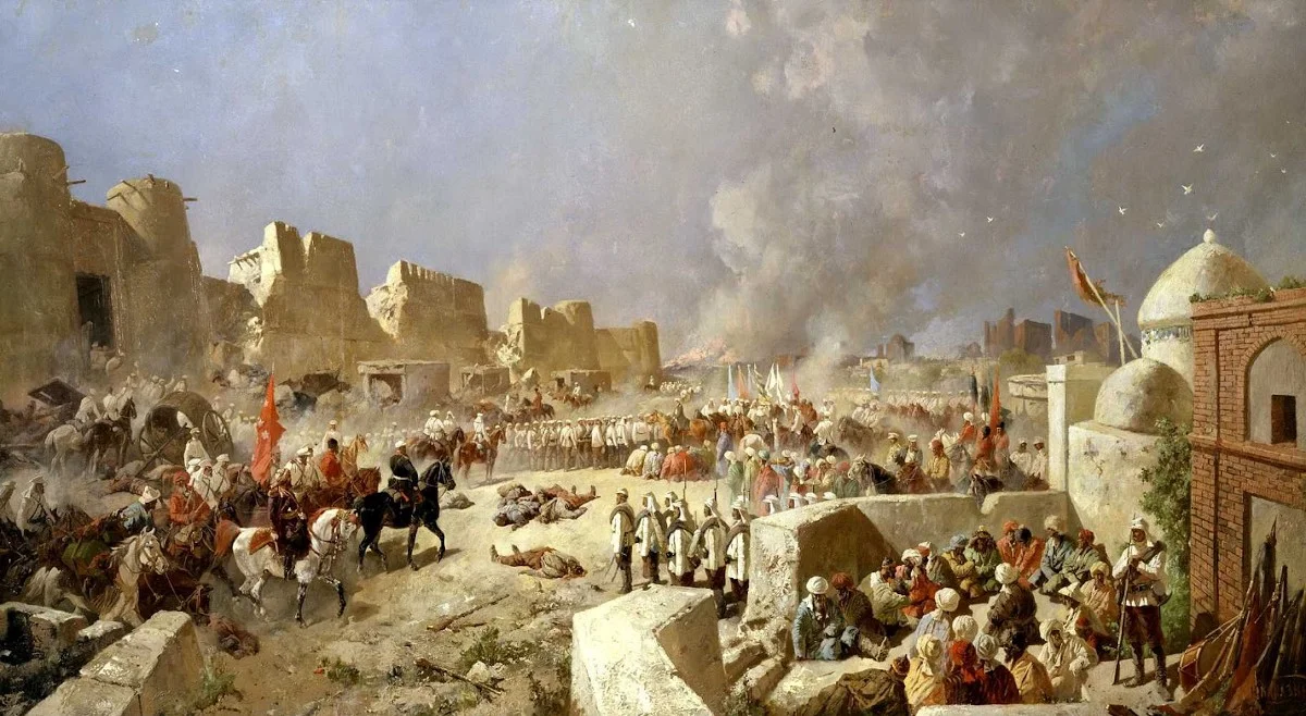 Russian troops taking Samarkand 1888. Since Catherine the Great, Imperial Russia conquered vast swaths of Central Asia in its march to challenge British dominance over India. This Great Game between the two Empires continued until Japan defeated Russia in 1905 leaving it weakened.