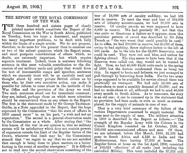 The Spectator coverage of the Lord Esher led Royal Commission, which reviewed the performance of the Army in the South African War