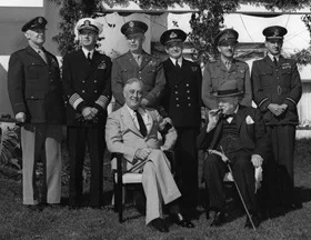 Roosevelt, Churchill, and the Combined Chiefs of Staff at Casablanca in 1943.