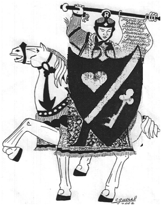 The “Wellness Warrior” designed by MG Loeffke for use in The Magic Book, a wellness manual that he published and uses to teach basic preventive medicine lessons to children in China. The significance of the shield is the Chinese pronunciation of Loeffke as “love-key.”
