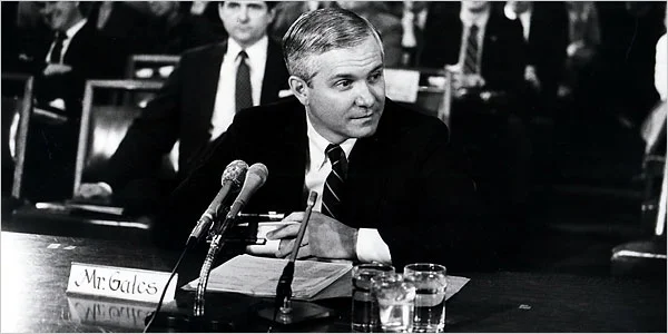 Robert M. Gates at a hearing on his C.I.A. nomination in 1987. He withdrew then, but was confirmed in 1991. (Paul Hosefros | The New York Times)