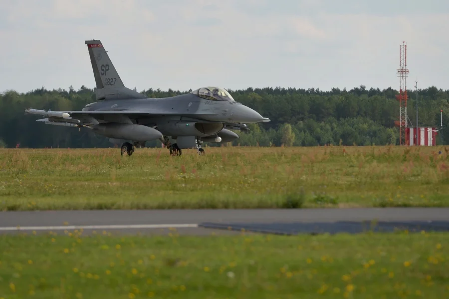 A USAF F-16 from Spangdahlem Air Base, Germany, training at Lask Air Base, Poland, Thursday, Sept. 10, 2015. (Michael Abrams/Stars and Stripes)