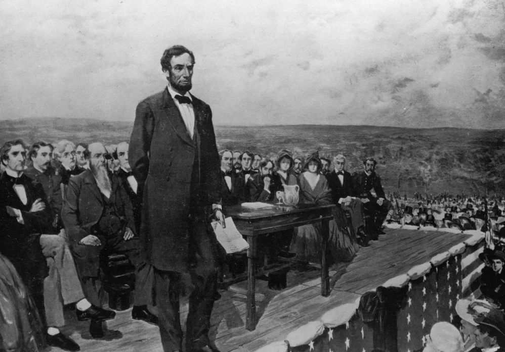 Artist's rendering of Abraham Lincoln delivering the Gettysburg Address and stating an ethical foundation for the American Civil War. (Fletcher C. Ransom)