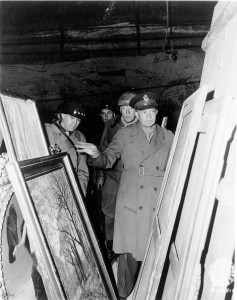 Generals Dwight D. Eisenhower and George Patton, inspect artworks rescued by the Monuments Men. (National Archives)