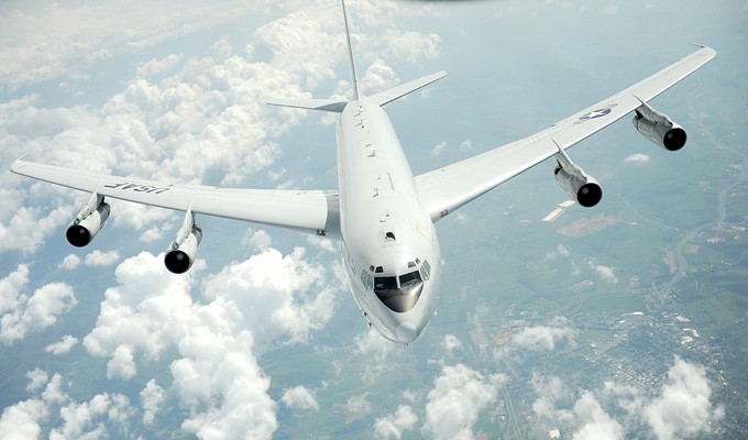 An E-8C Joint STARS from the 116th Air Control Wing, Robins Air Force Base, Ga., pulls away, May 1, 2012, after refueling from a KC-135 Stratotanker with the 459th Air Refueling Wing, Joint Base Andrews, Md. (Photo: MSgt. Jeremy Lock/USAF)