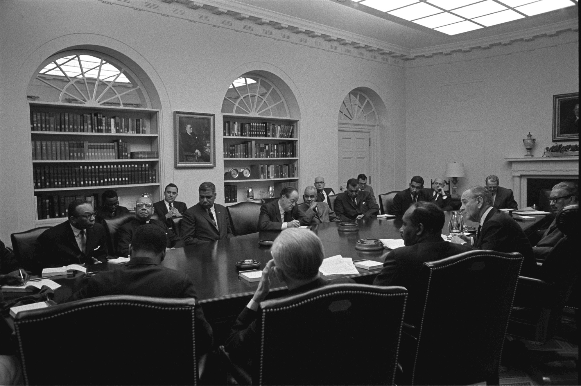 President Lyndon B. Johnson meets with civil rights leaders a week before the passing of the Civil Rights Act of 1968. (Yoichi Okamoto/LBJ Library)