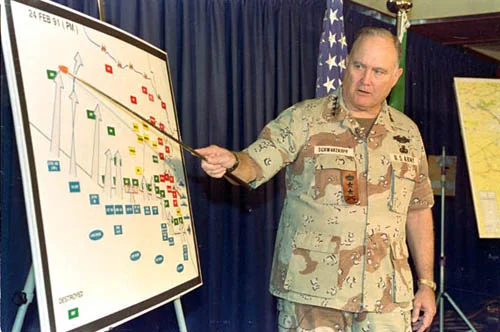 General Schwartzkopf briefing the “left hook” of OPERATION DESERT STORM. Advanced Military Studies Program graduates played a vital role in planning operations within their own headquarters while coordinating with other graduates in other headquarters. While originally derided as “Jedi Knights,” the strength of their performance made the title stick, but as a compliment and nod to their performance.