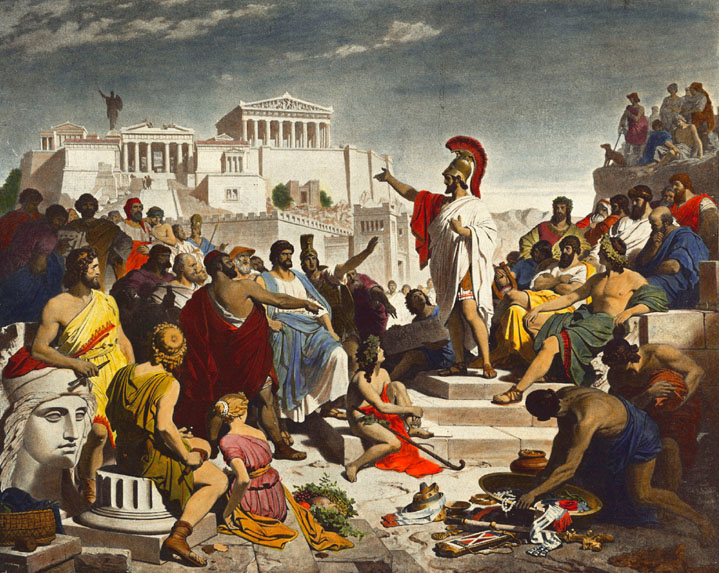 "What I would prefer is that you should fix your eyes every day on the greatness of Athens as she really is, and should fall in love with her. When you realize her greatness, then reflect that what made her great was men with a spirit of adventure, men who knew their duty, men who were ashamed to fall below a certain standard." Painting of "Pericles' Funeral Oration" by Philipp Foltz (Wikimedia).