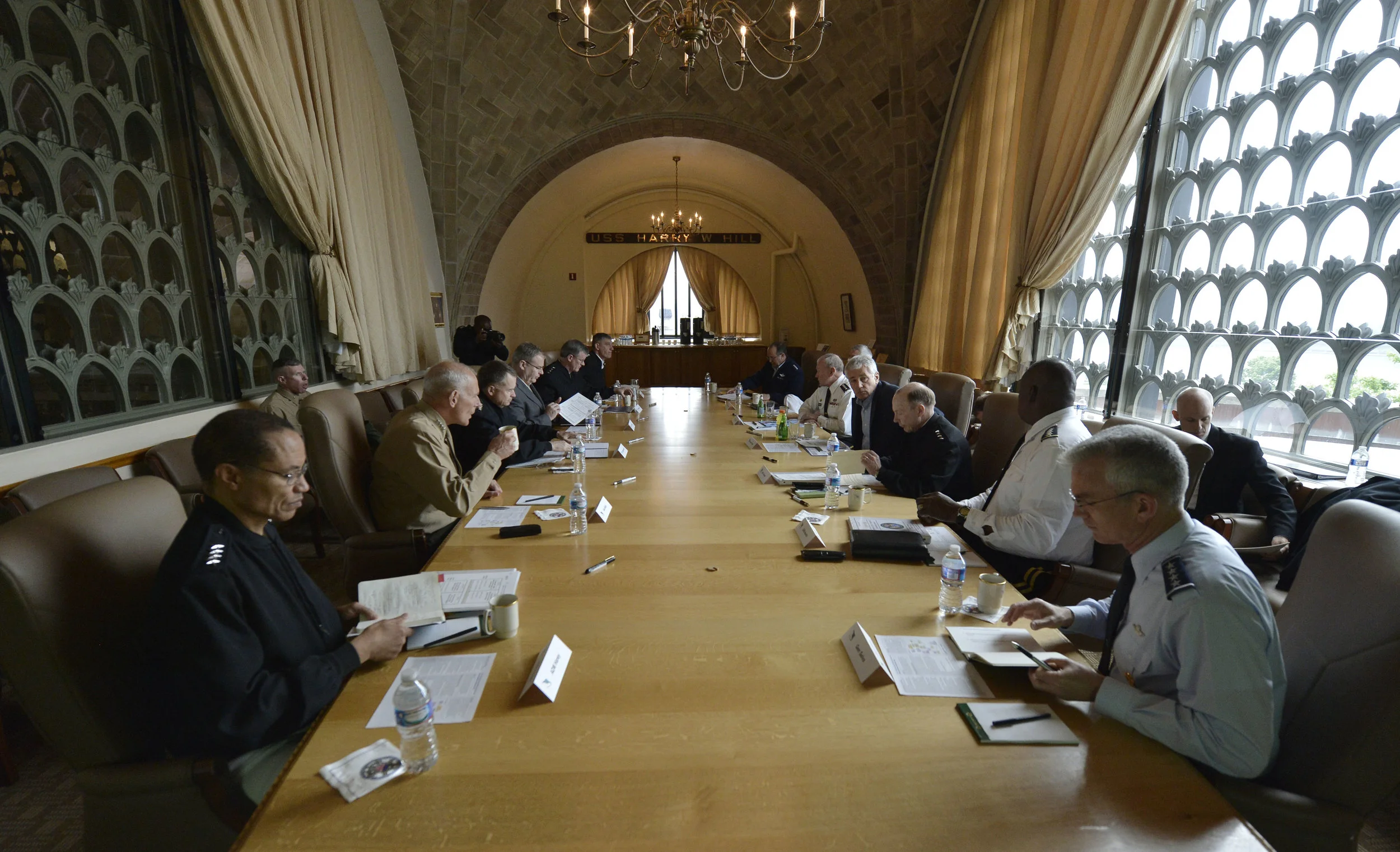 Defense Secretary Chuck Hagel, fourth on right, and Army Gen. Martin E. Dempsey, fifth on right, chairman of the Joint Chiefs of Staff, meet with global and regional combatant commanders at the National Defense University on Fort McNair in Washington, D.C., May 8, 2014. (DoD photo by Glenn Fawcett)
