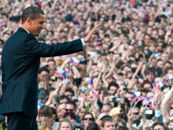 U.S. President Barack Obama waves after speaking at Prague Castle