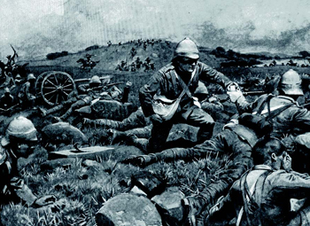 A British convoy under attack by mounted Boer guerrillas - South Africa, 1901. ( Military History )