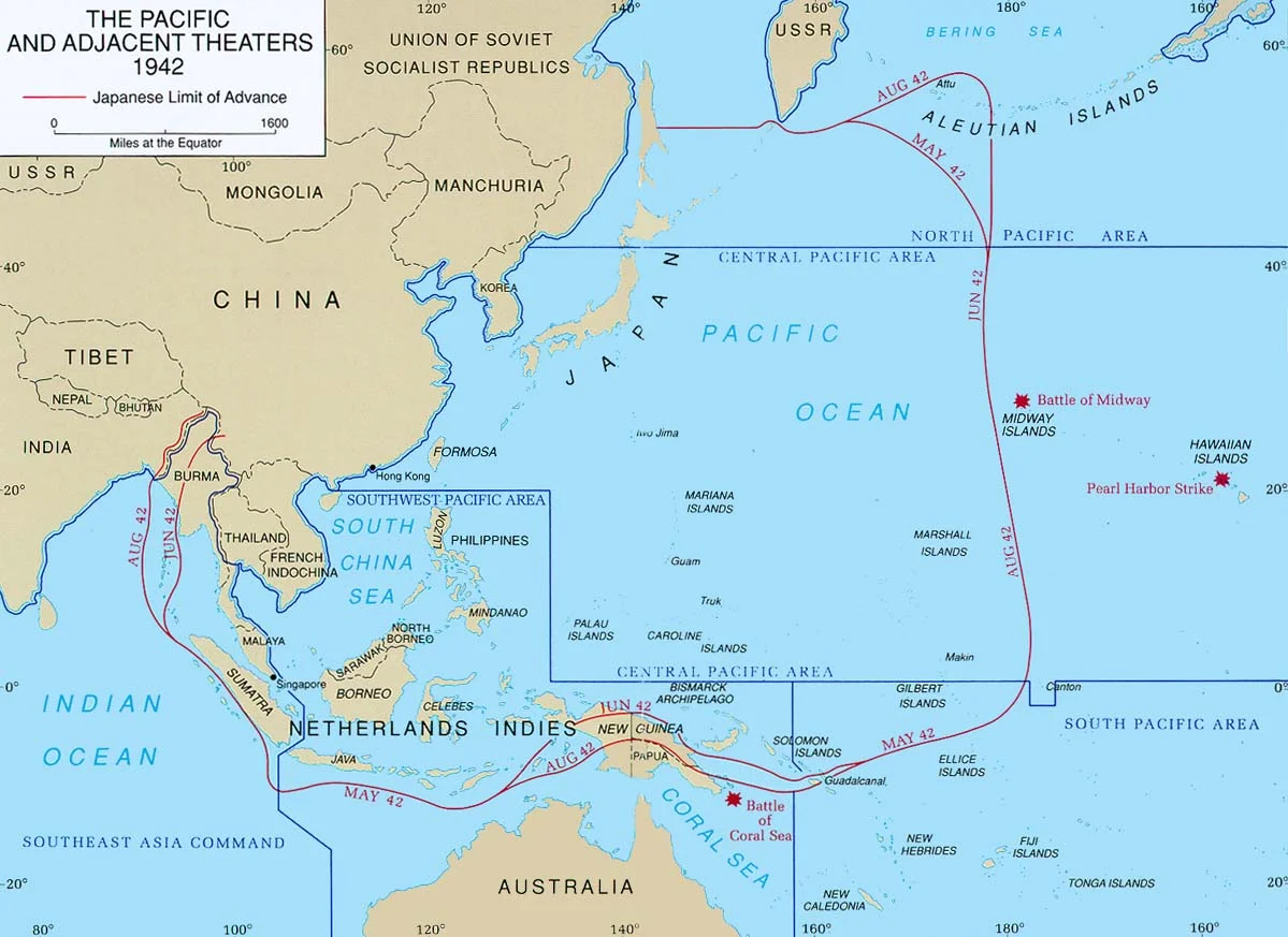 Map of Pacific theater of operations during World War II showing the boundaries of the Japanese Empire. (Clayton R. Newell/U.S. Army Center of Military History)