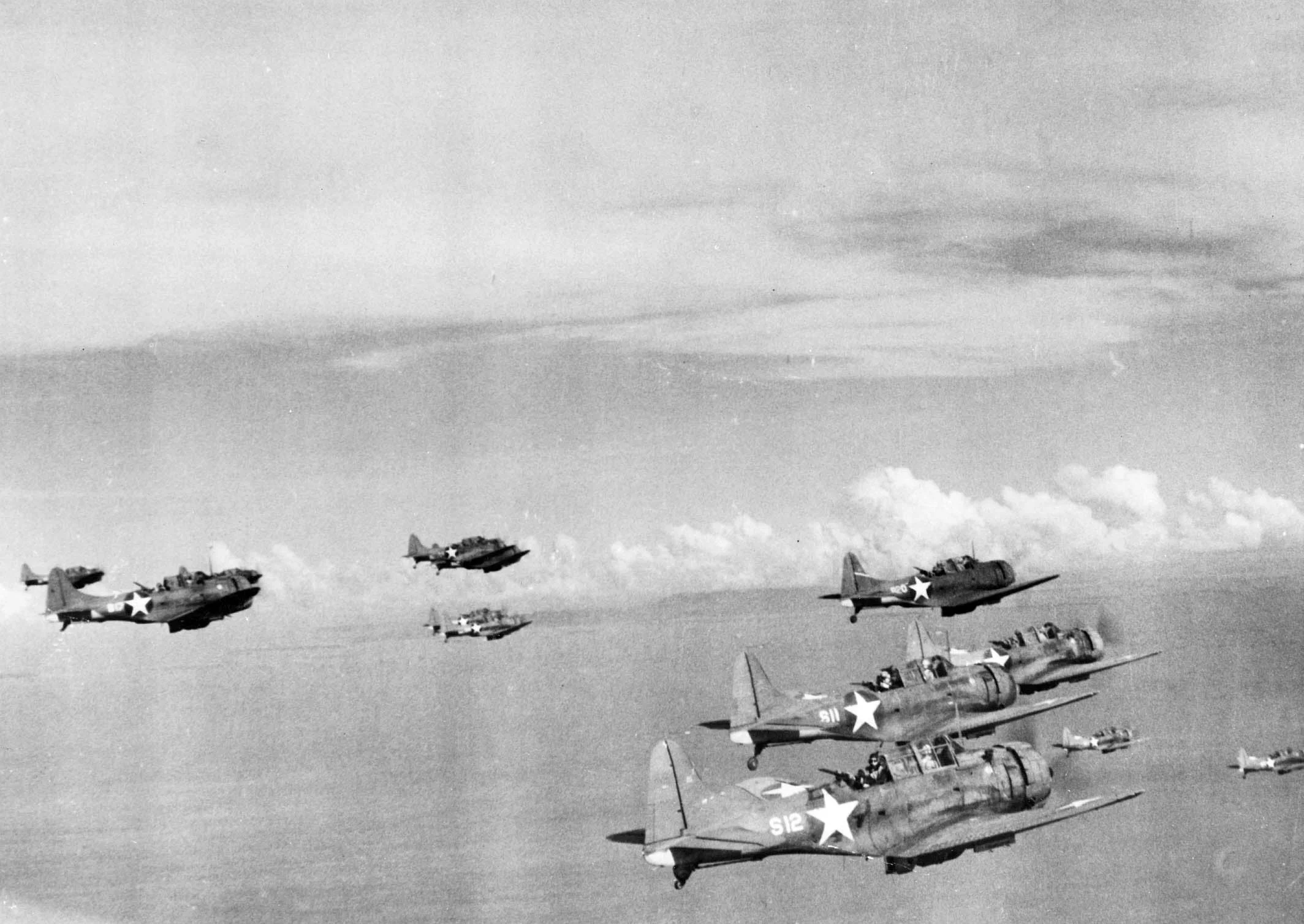 U.S. Navy Douglas SBD-3 Dauntless dive bombers. After the Battle of the Eastern Solomons, in which the USS Enterprise was damaged and forced to return to Pearl Harbor, these aircraft operated from Henderson Field, Guadalcanal. (U.S. Navy National Museum of Naval Aviation/Wikimedia)