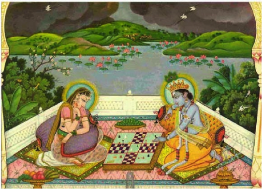Radha and Krishna playing Chaturaji, an early form of chess in ancient India (Chess Odyssey)