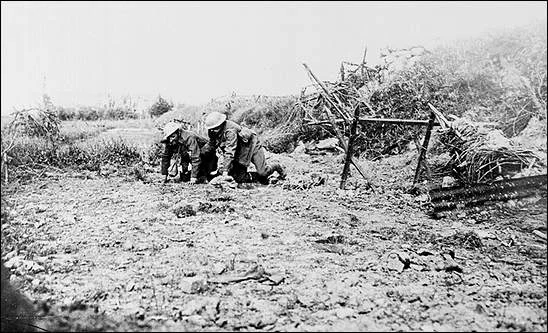 A wounded man is brought in at the battle of the Somme, 1916. (Newfoundland and Labrador in the First World War)