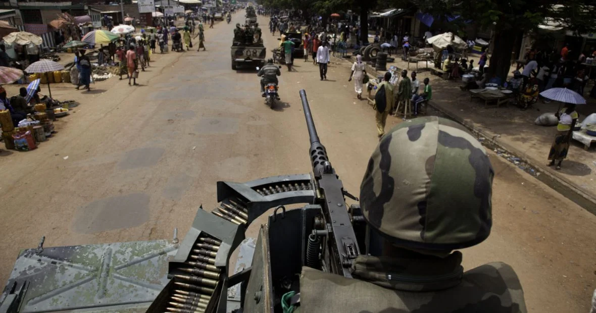 Soldiers from the Democratic Republic of Congo patrol in Bangui, Central African Republic as part of the Multinational Force of Central African States. (Boris Heger/ICRC)