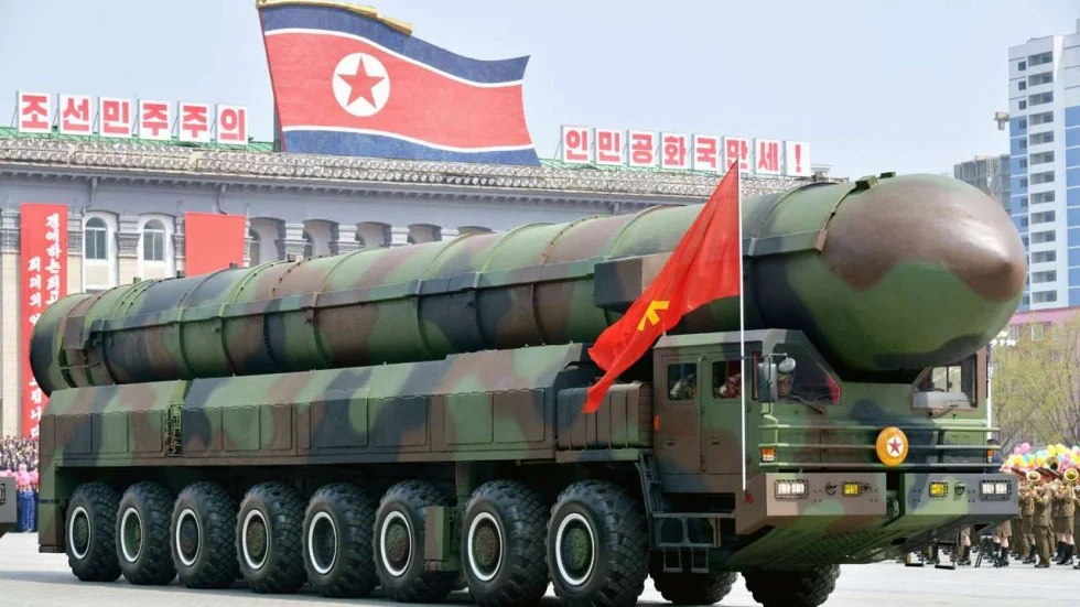 A vehicle equipped with a launch tube possibly for new intercontinental ballistic missiles is seen during a military parade at Kim Il-sung Square in Pyongyang. (Kyodo/South China Morning Post)